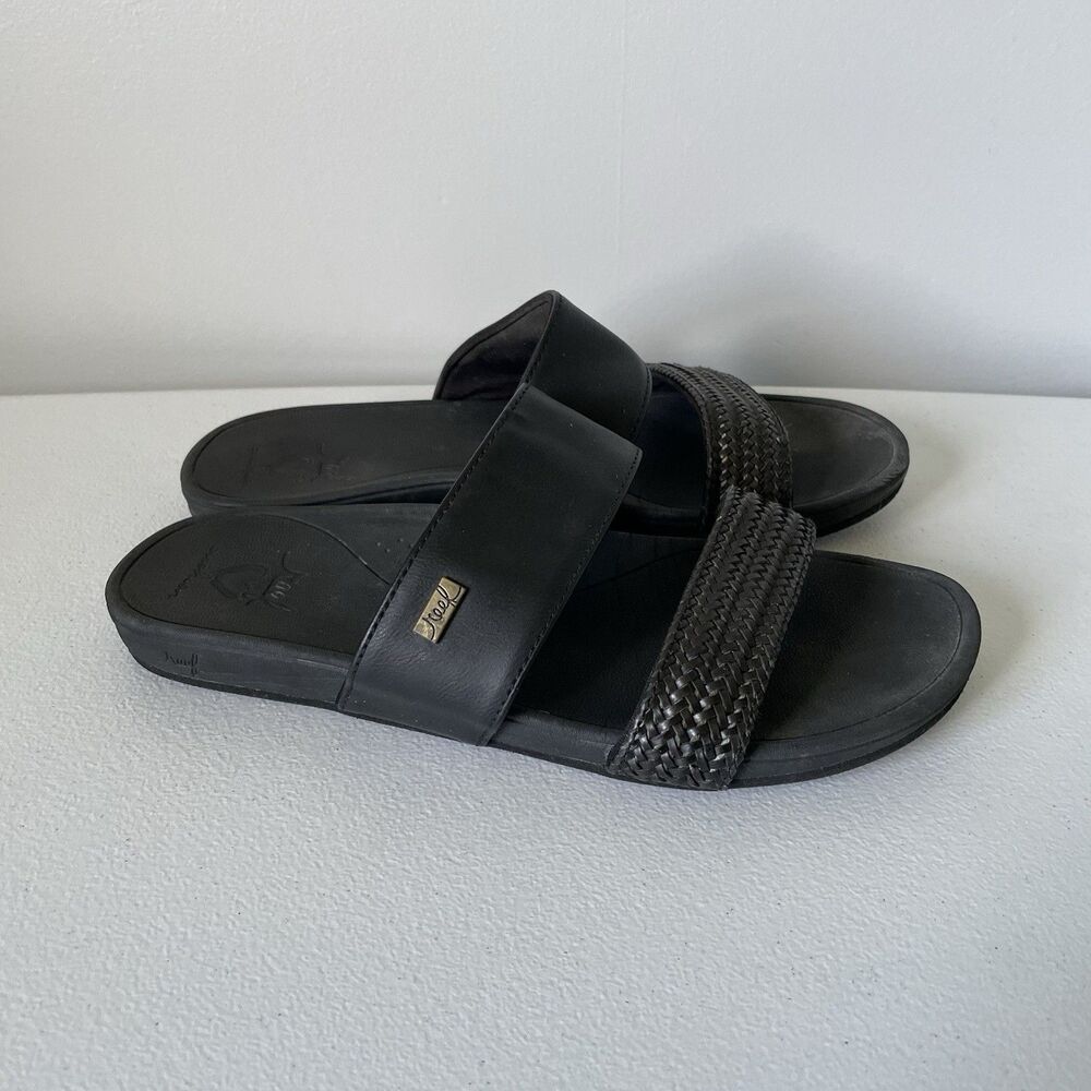 REEF Cushion Sandbar Slide Faux Leather Strappy Slip On Black Women's Size 8 - Picture 2 of 11